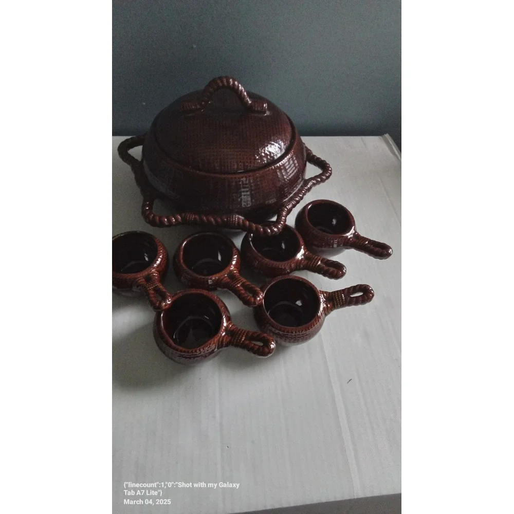 Vintage Ceramic Punch‎ Bowl Set with Ladle Cups Brown Woven Design